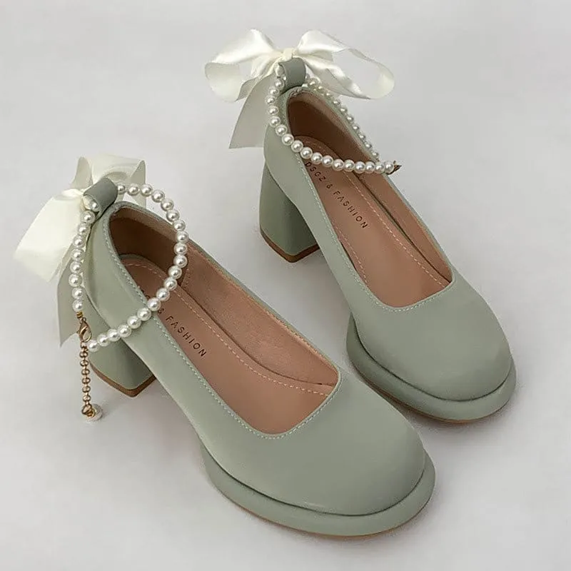 Pearl Buckle Thick Heel Mary Jane Shoes