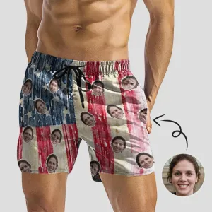 Personalized Swim Trunks Old Style Custom Face American Flag Men's Quick Dry Swim Shorts for Independence Day