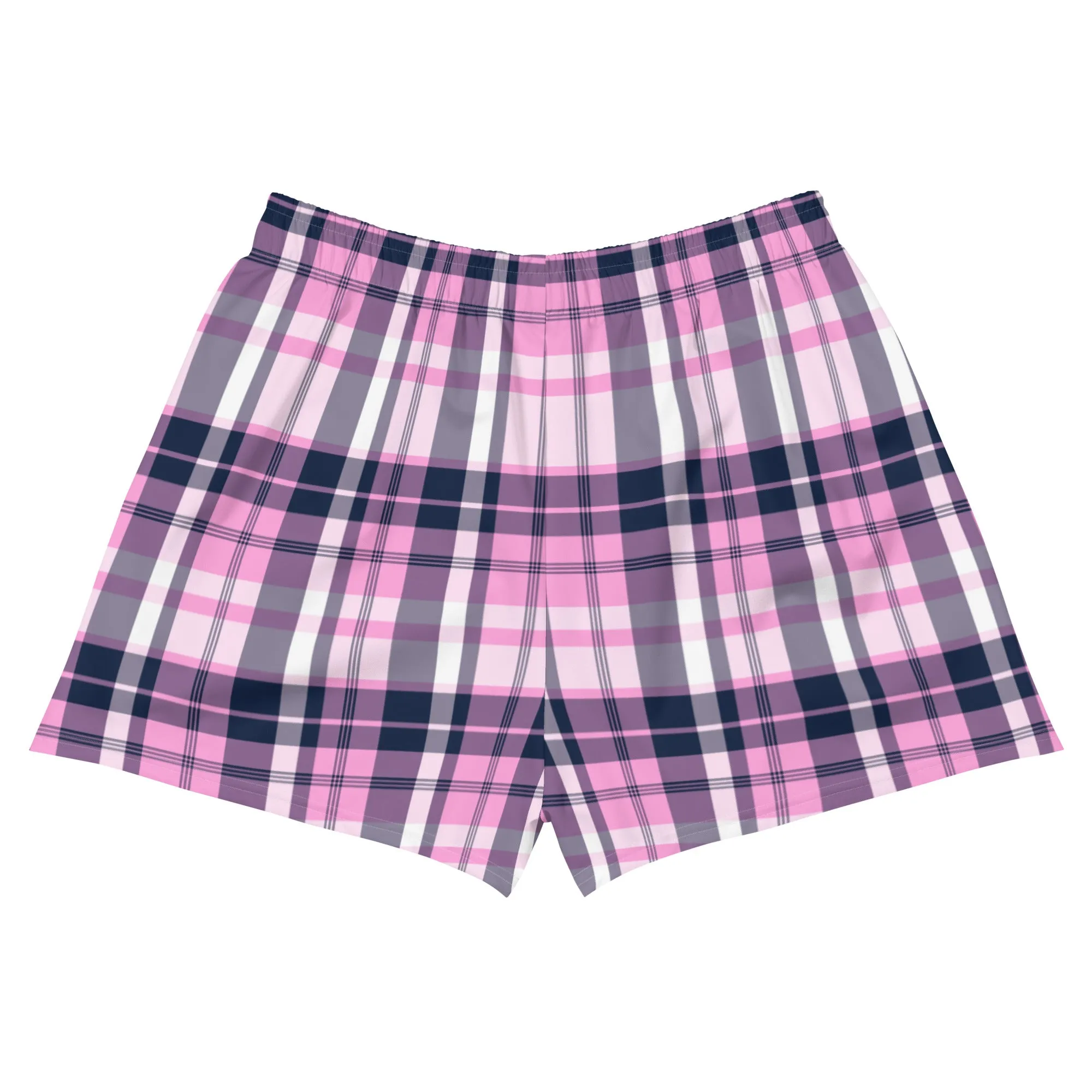 Pink and Navy Blue Preppy Plaid Women's Athletic Swim Shorts