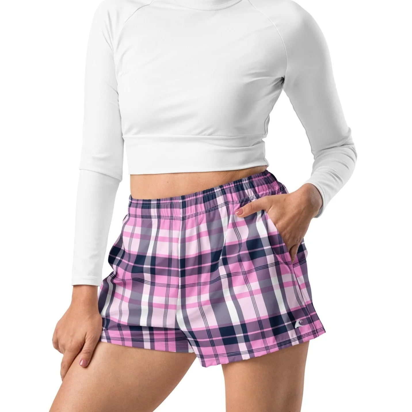 Pink and Navy Blue Preppy Plaid Women's Athletic Swim Shorts