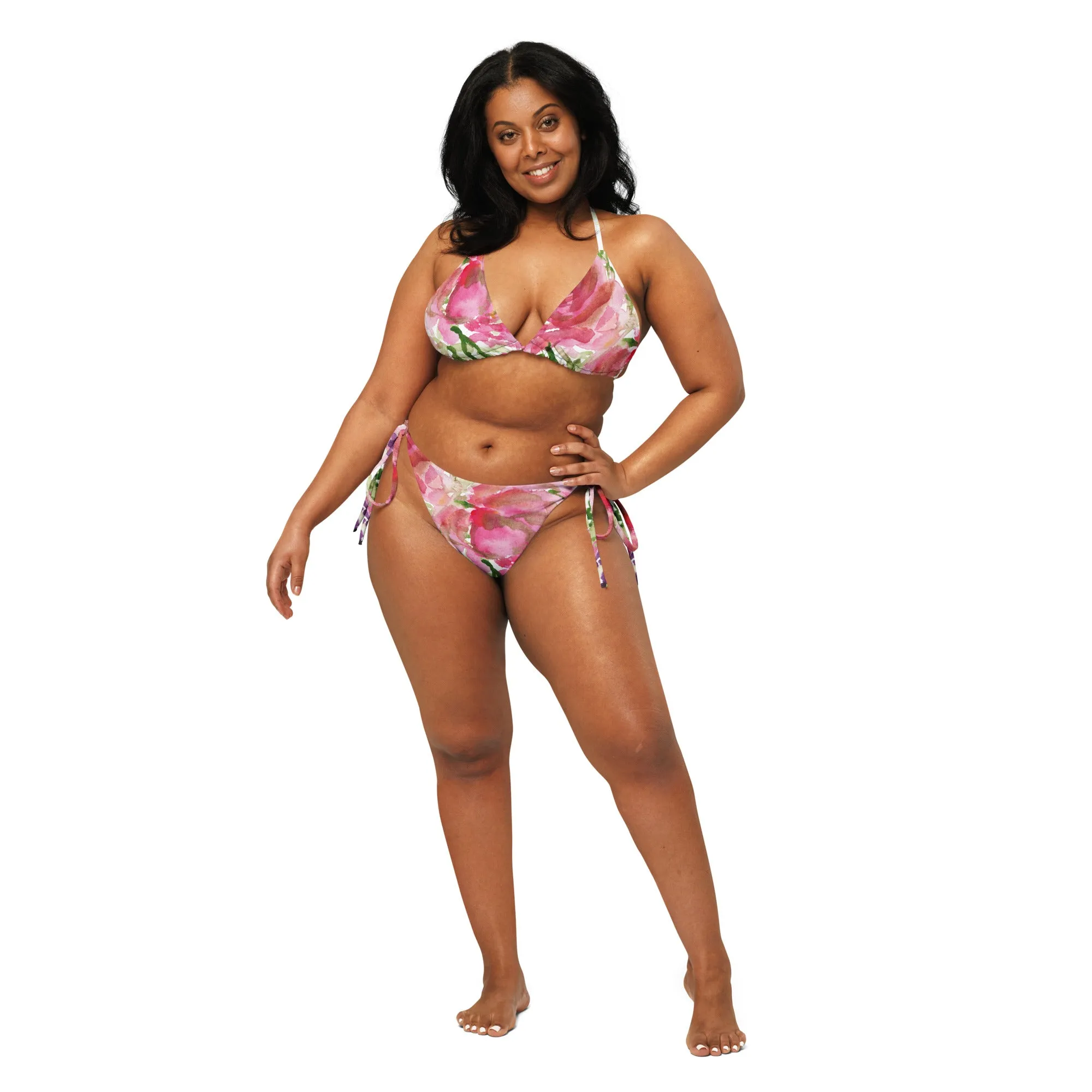 Pink Floral Print Women's Bikini, 2 pc Recycled String Bikini Set For Women - Made in USA/EU/MX  (US Size: 2XL-6XL)