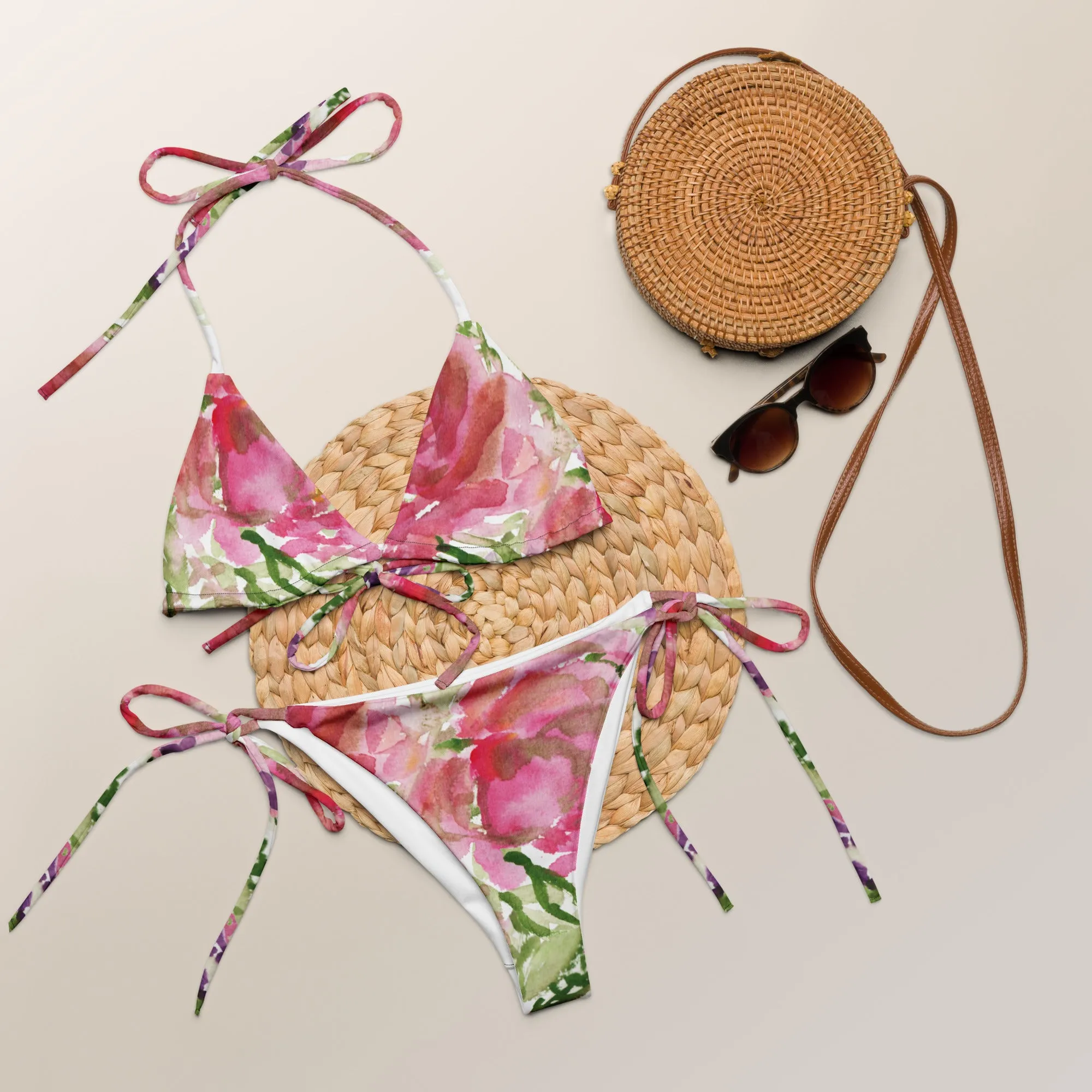 Pink Floral Print Women's Bikini, 2 pc Recycled String Bikini Set For Women - Made in USA/EU/MX  (US Size: 2XL-6XL)