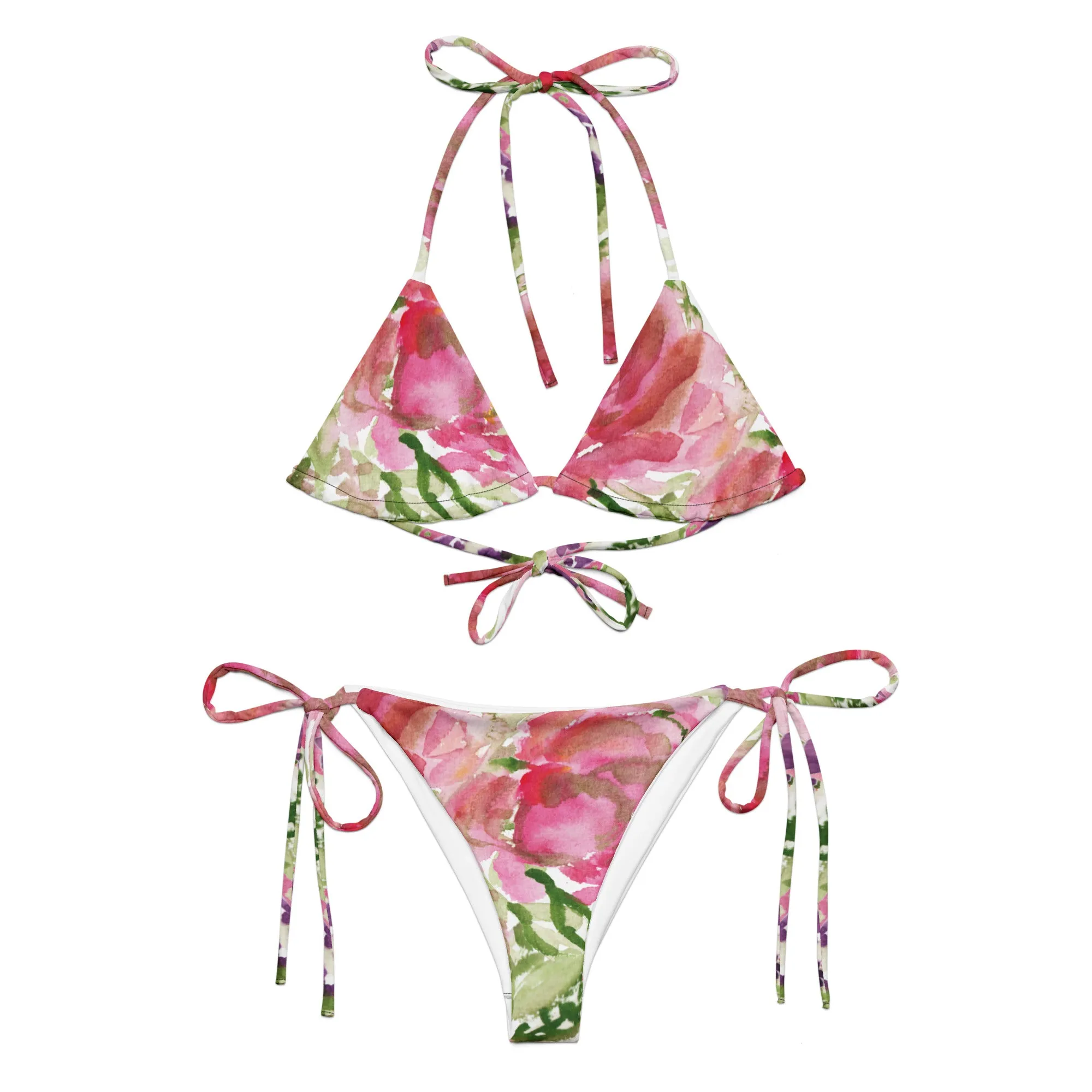 Pink Floral Print Women's Bikini, 2 pc Recycled String Bikini Set For Women - Made in USA/EU/MX  (US Size: 2XL-6XL)