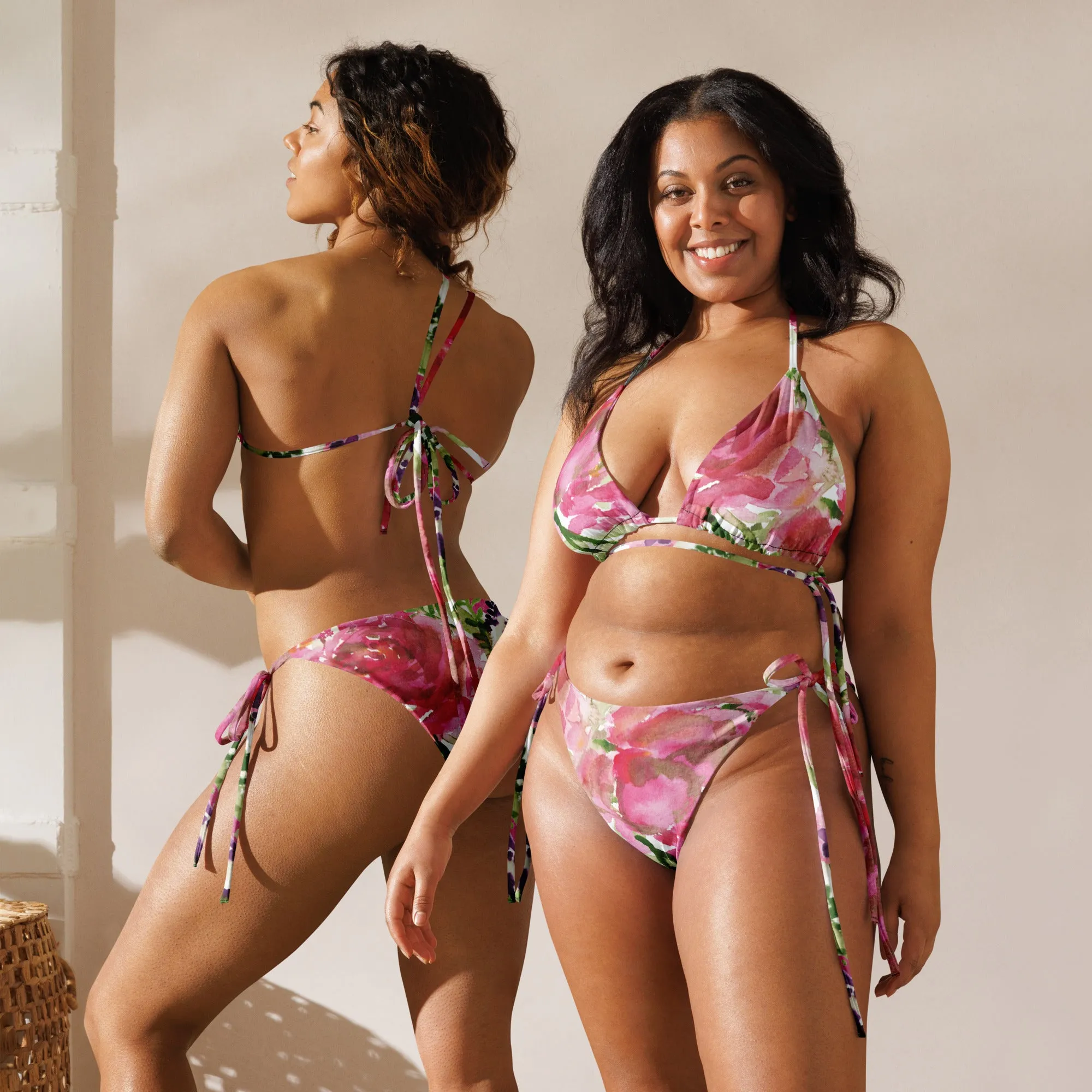 Pink Floral Print Women's Bikini, 2 pc Recycled String Bikini Set For Women - Made in USA/EU/MX  (US Size: 2XL-6XL)