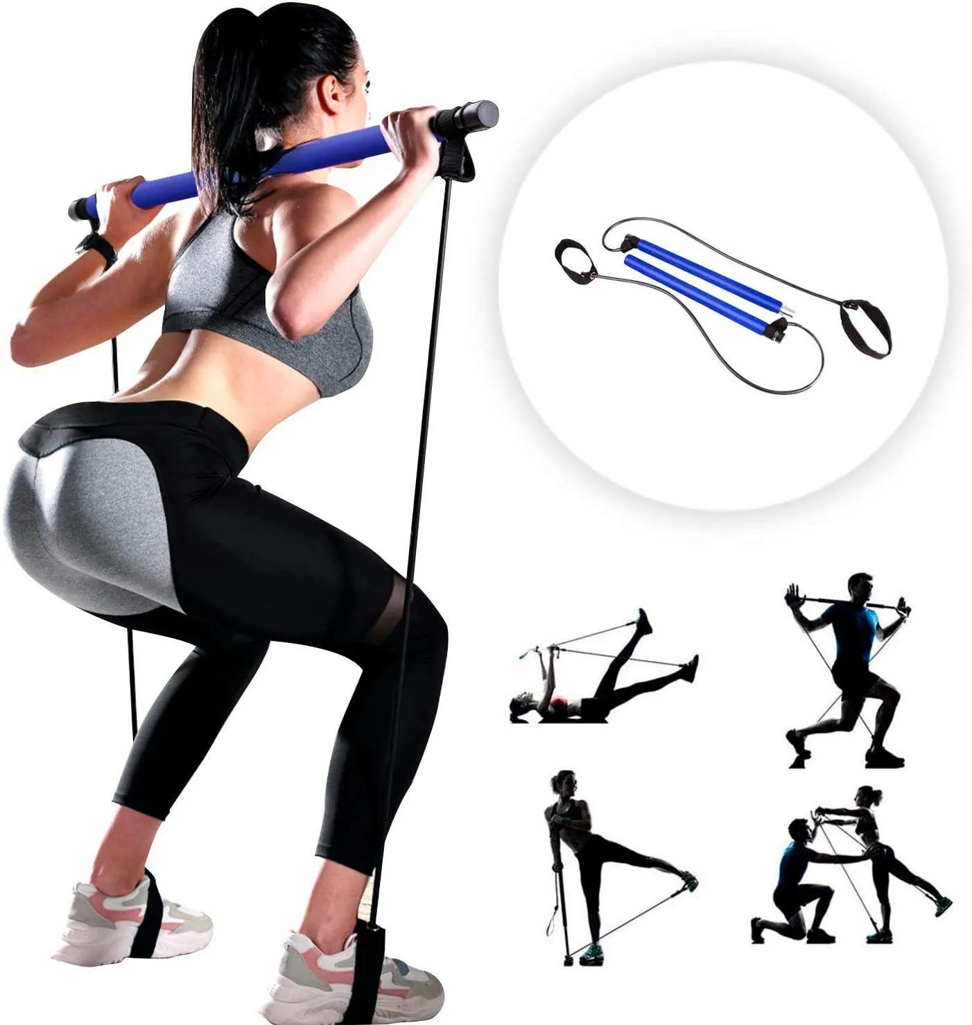 Portable Pilates Bar Kit with Resistance Band-Blue