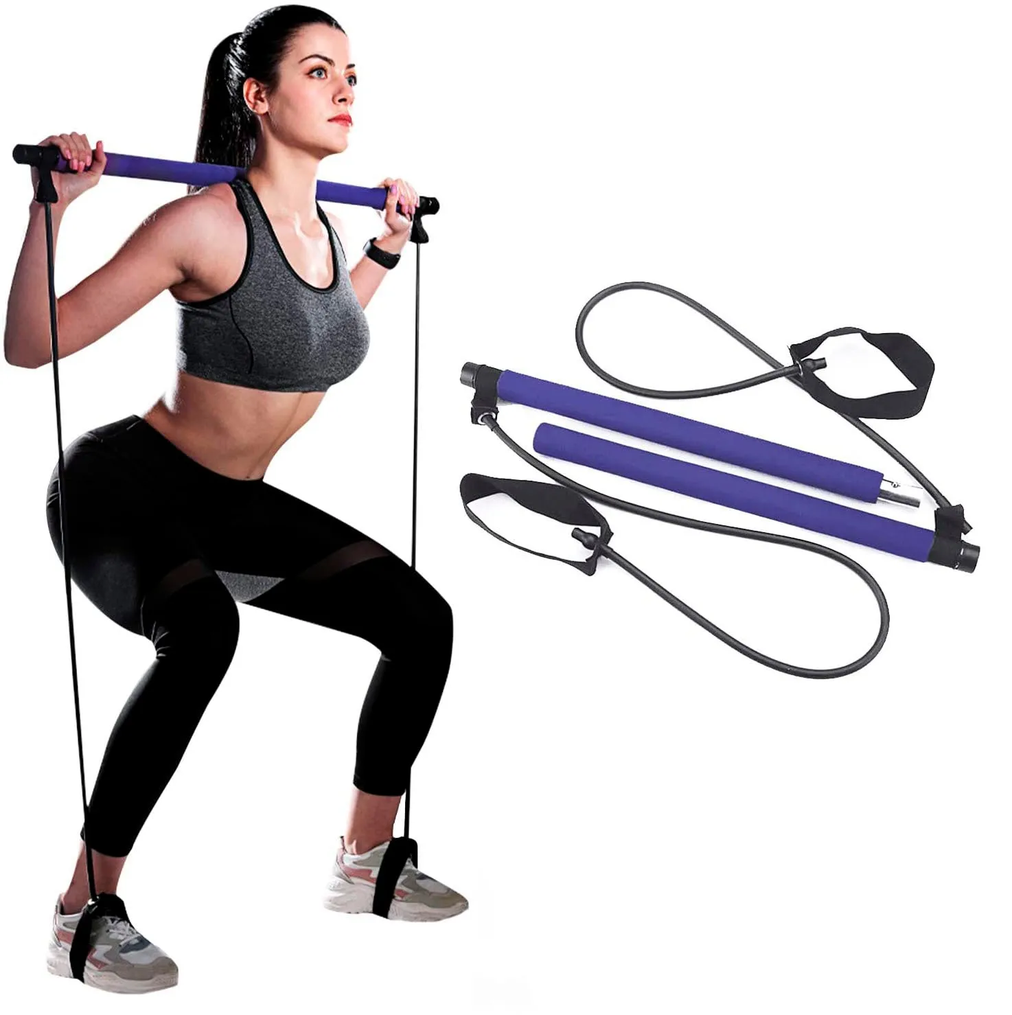 Portable Pilates Bar Kit with Resistance Band-Blue