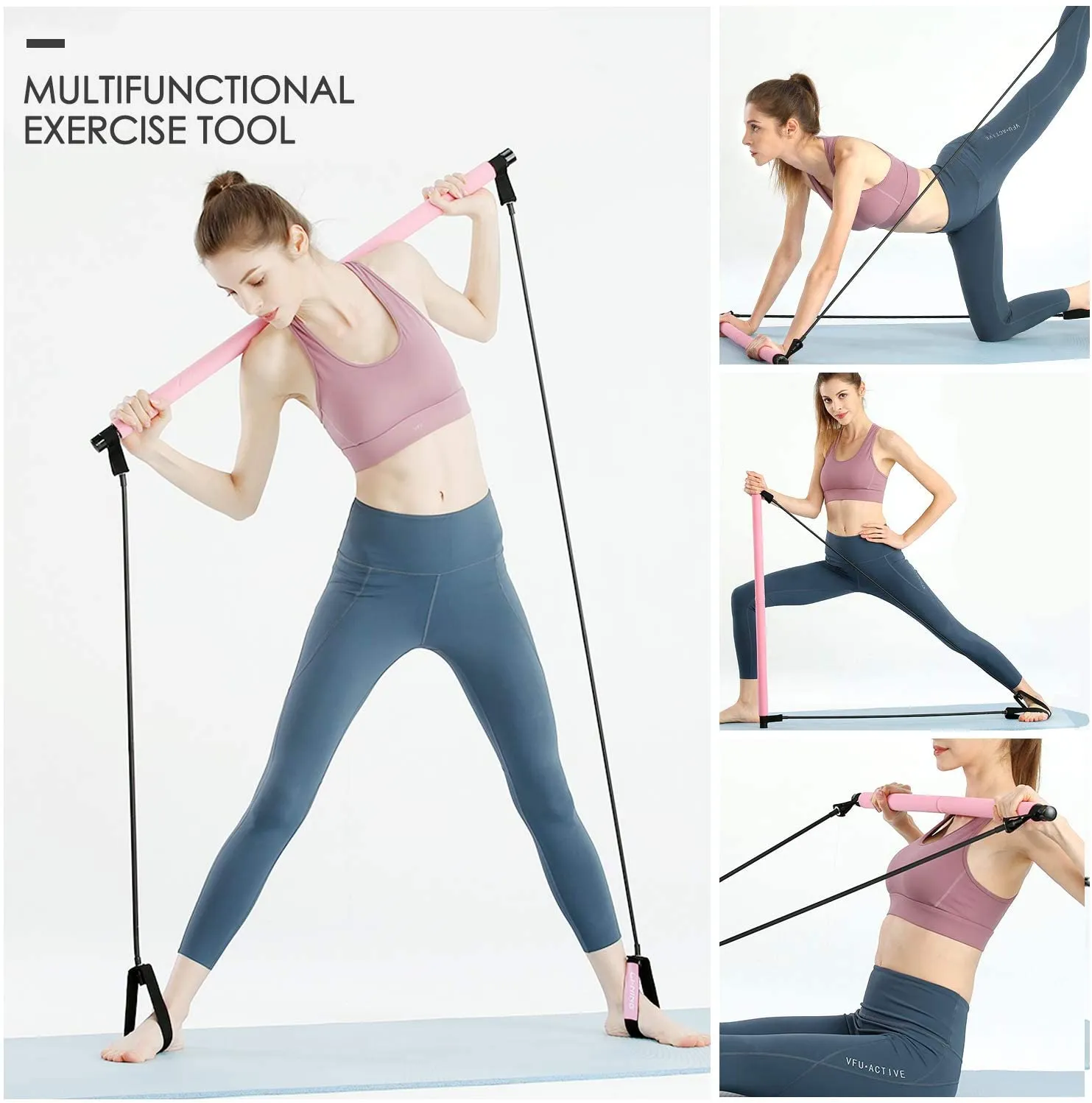 Portable Pilates Bar Kit with Resistance Band-Pink