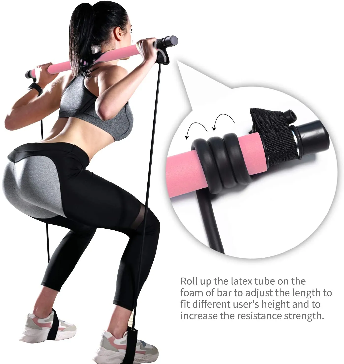 Portable Pilates Bar Kit with Resistance Band-Pink