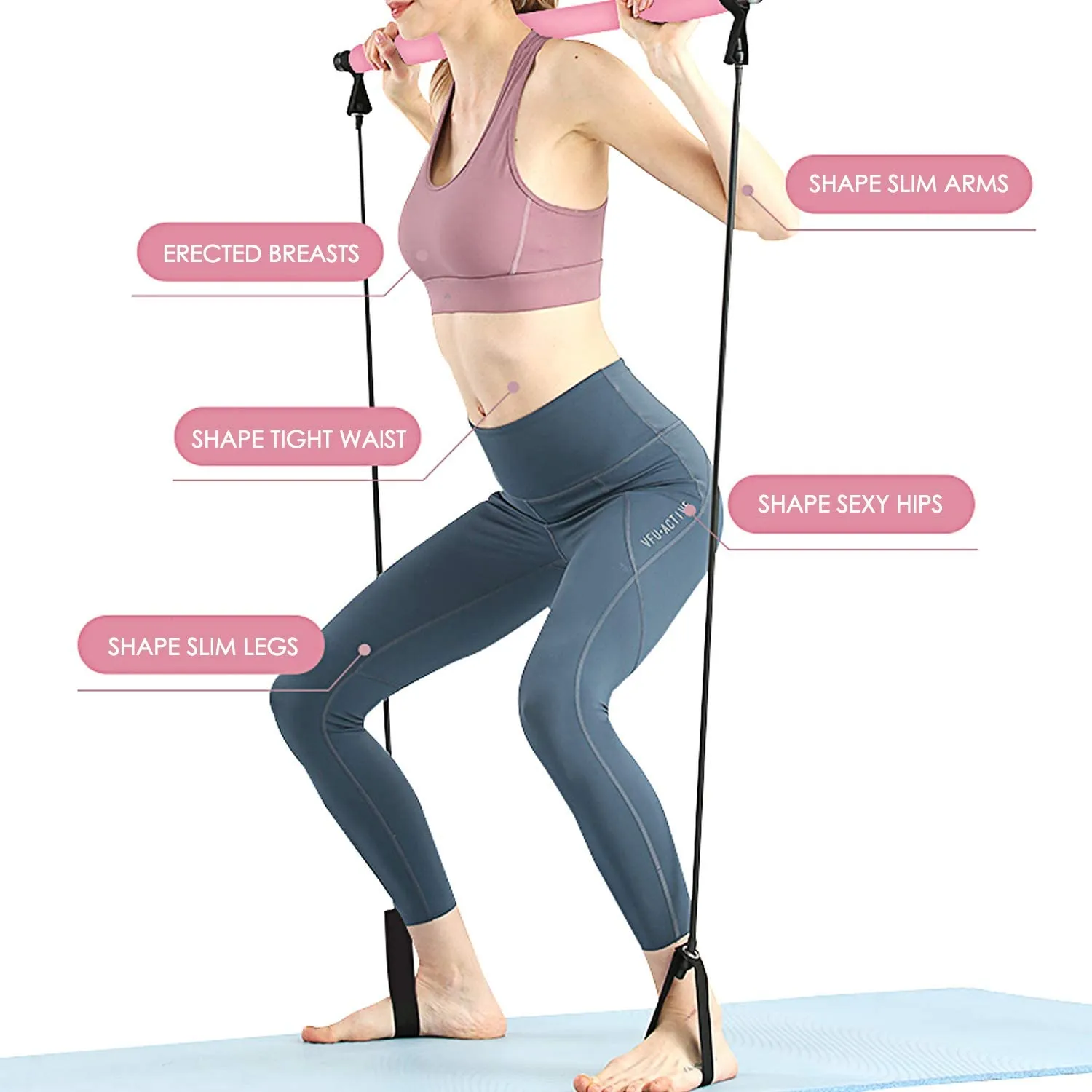 Portable Pilates Bar Kit with Resistance Band-Pink