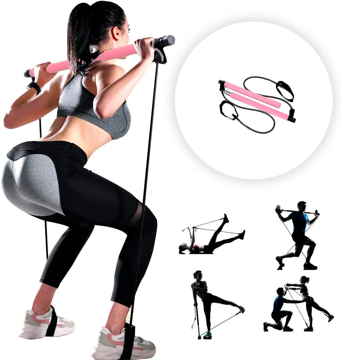 Portable Pilates Bar Kit with Resistance Band-Pink