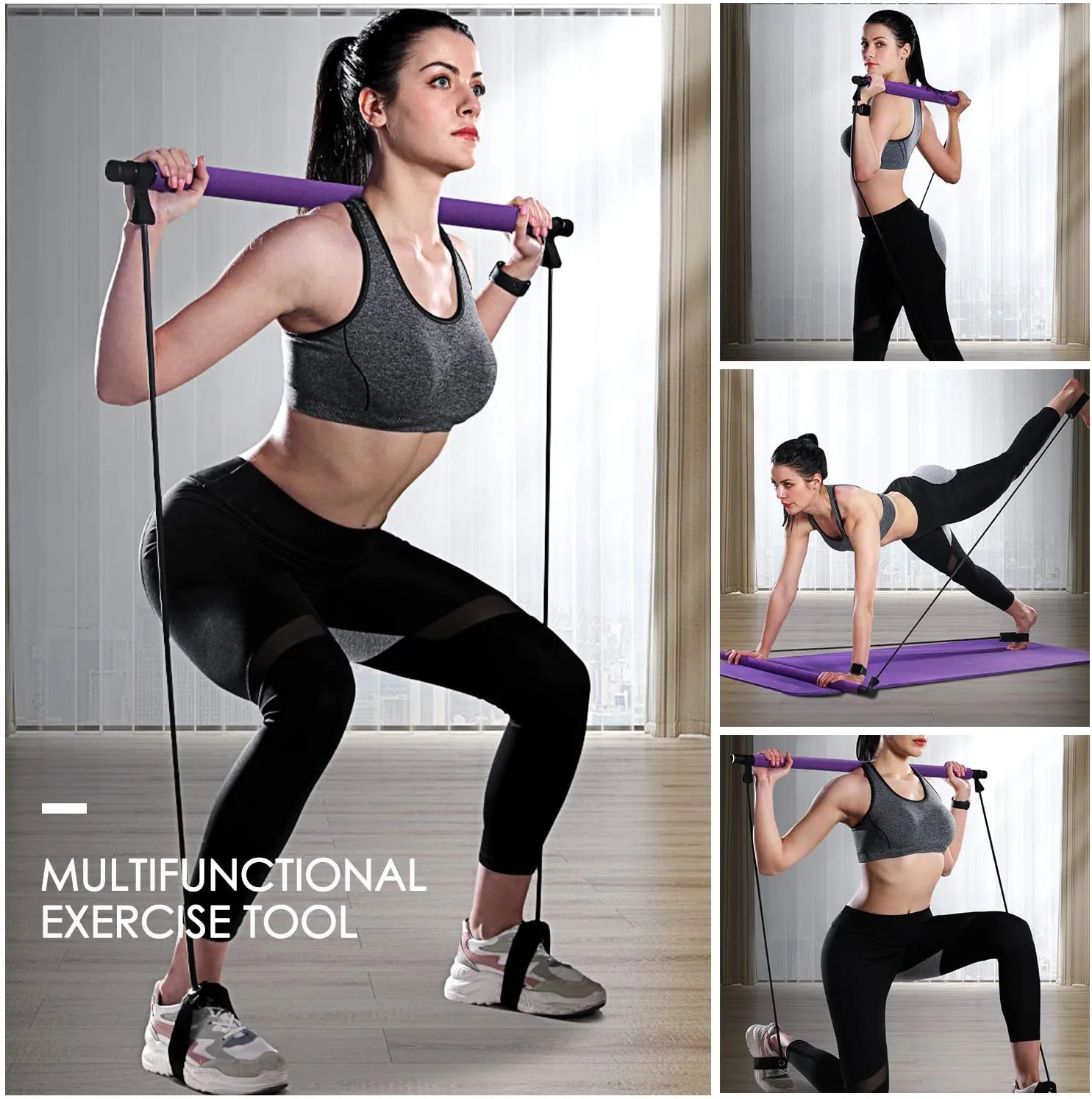 Portable Pilates Bar Kit with Resistance Band-Purple