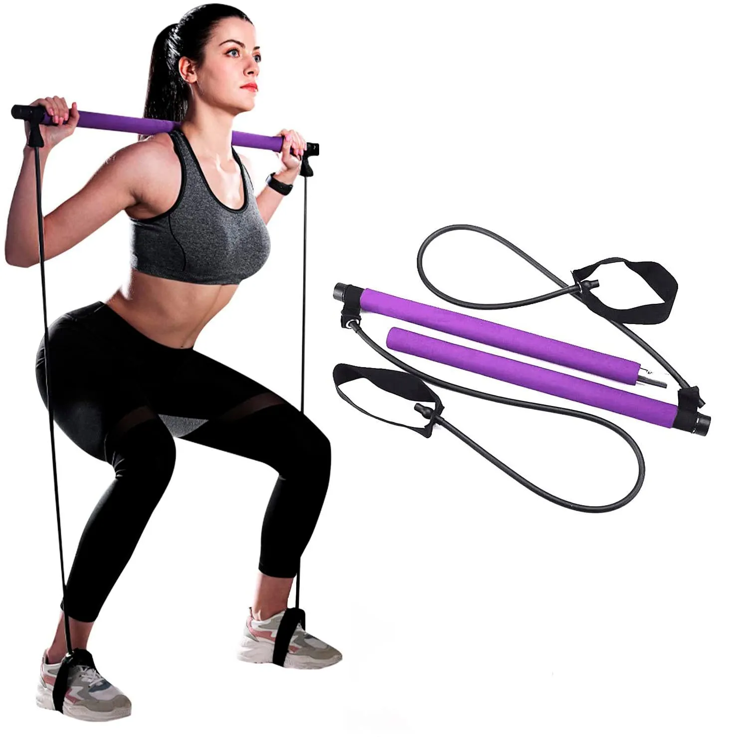 Portable Pilates Bar Kit with Resistance Band-Purple