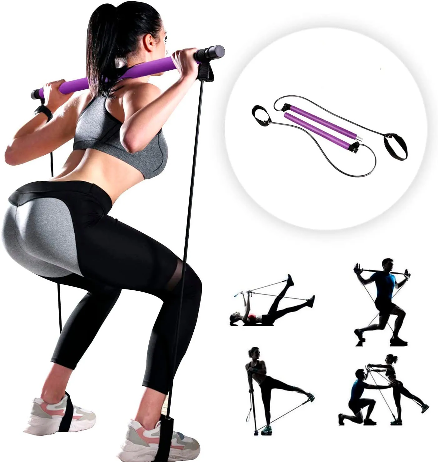 Portable Pilates Bar Kit with Resistance Band-Purple