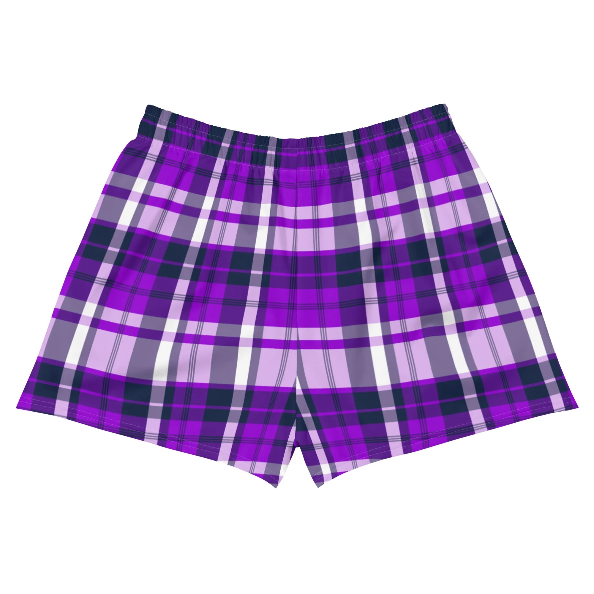 Purple and Navy Blue Preppy Plaid Women's Athletic Swim Shorts