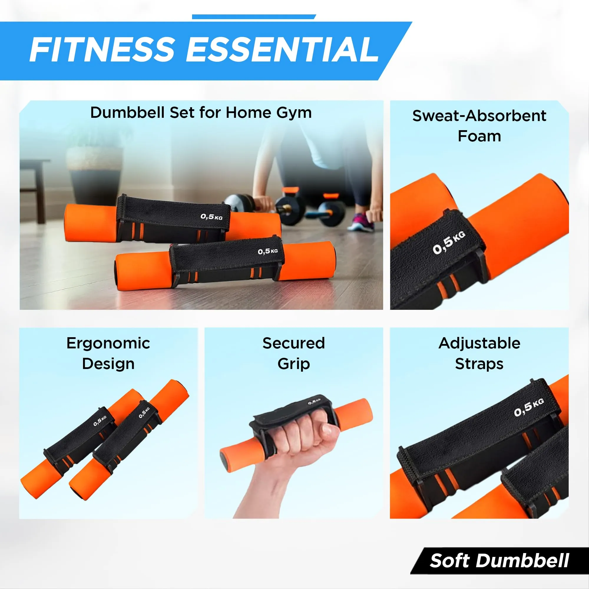 REACH by HEAD Soft Dumbbell Set -0.5Kg x 2 | Soft Rubber Dumbbells with Comfy Hand Straps| Dumbbells Set for Home Gym| Weights for Home Gym Men & Women |Home Gym Set Fitness Dumbbell | Black & Orange