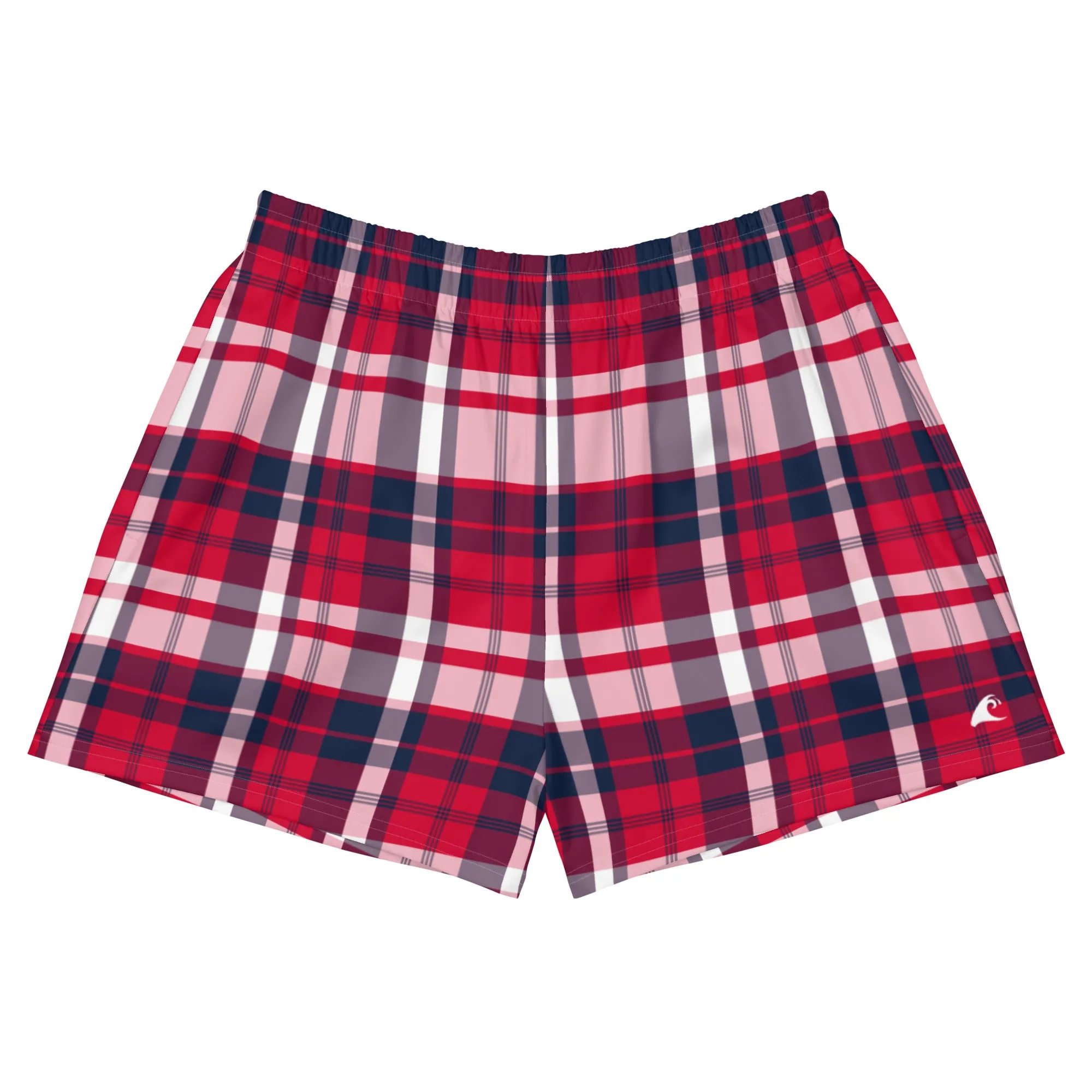 Red, White and Navy Blue Preppy Plaid Women's Athletic Swim Shorts