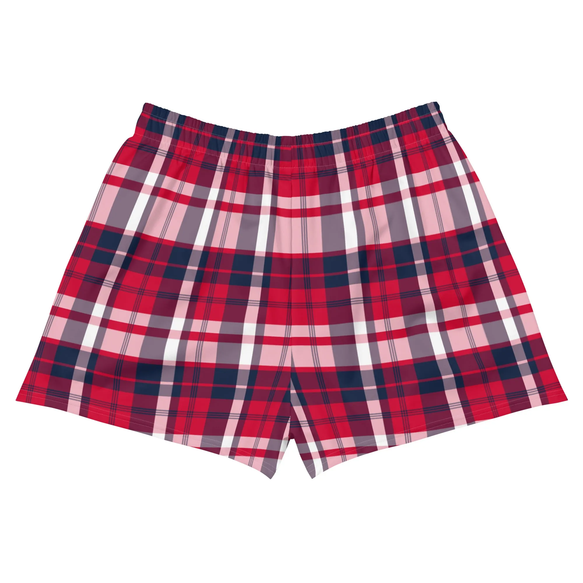 Red, White and Navy Blue Preppy Plaid Women's Athletic Swim Shorts