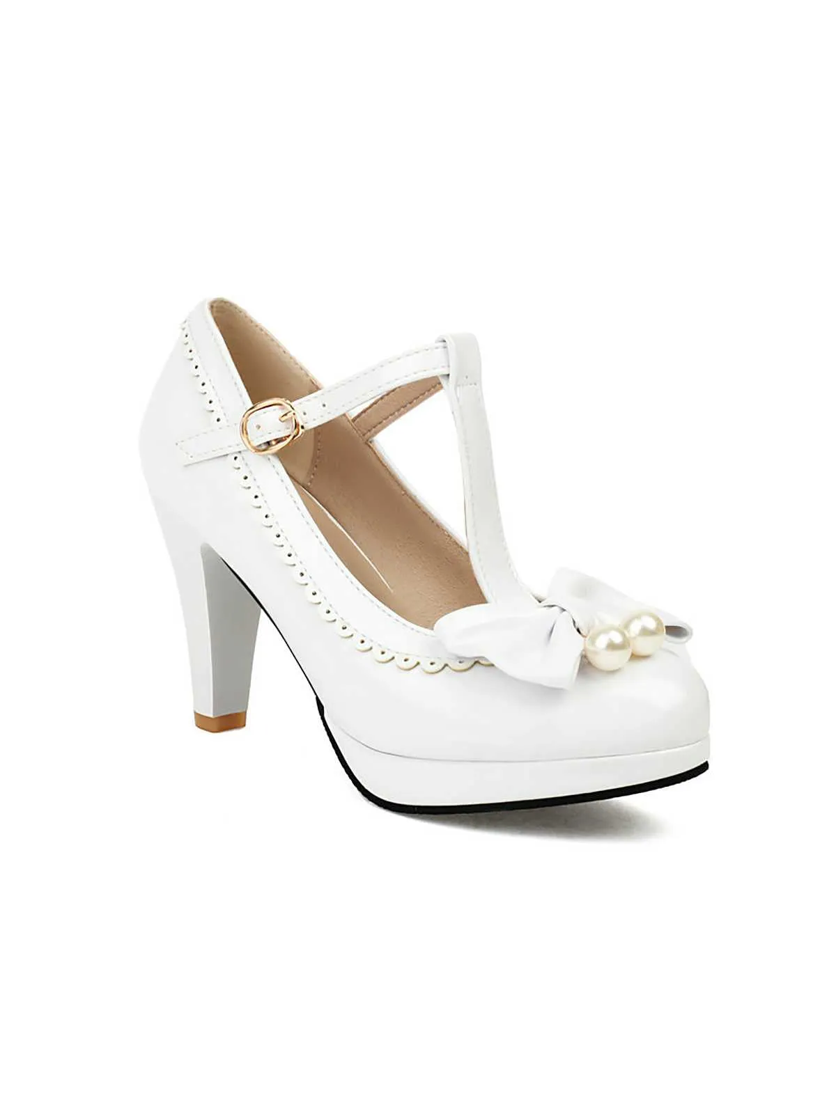 Retro Bow Pearl T-Strap Contrast High Heels Shoes