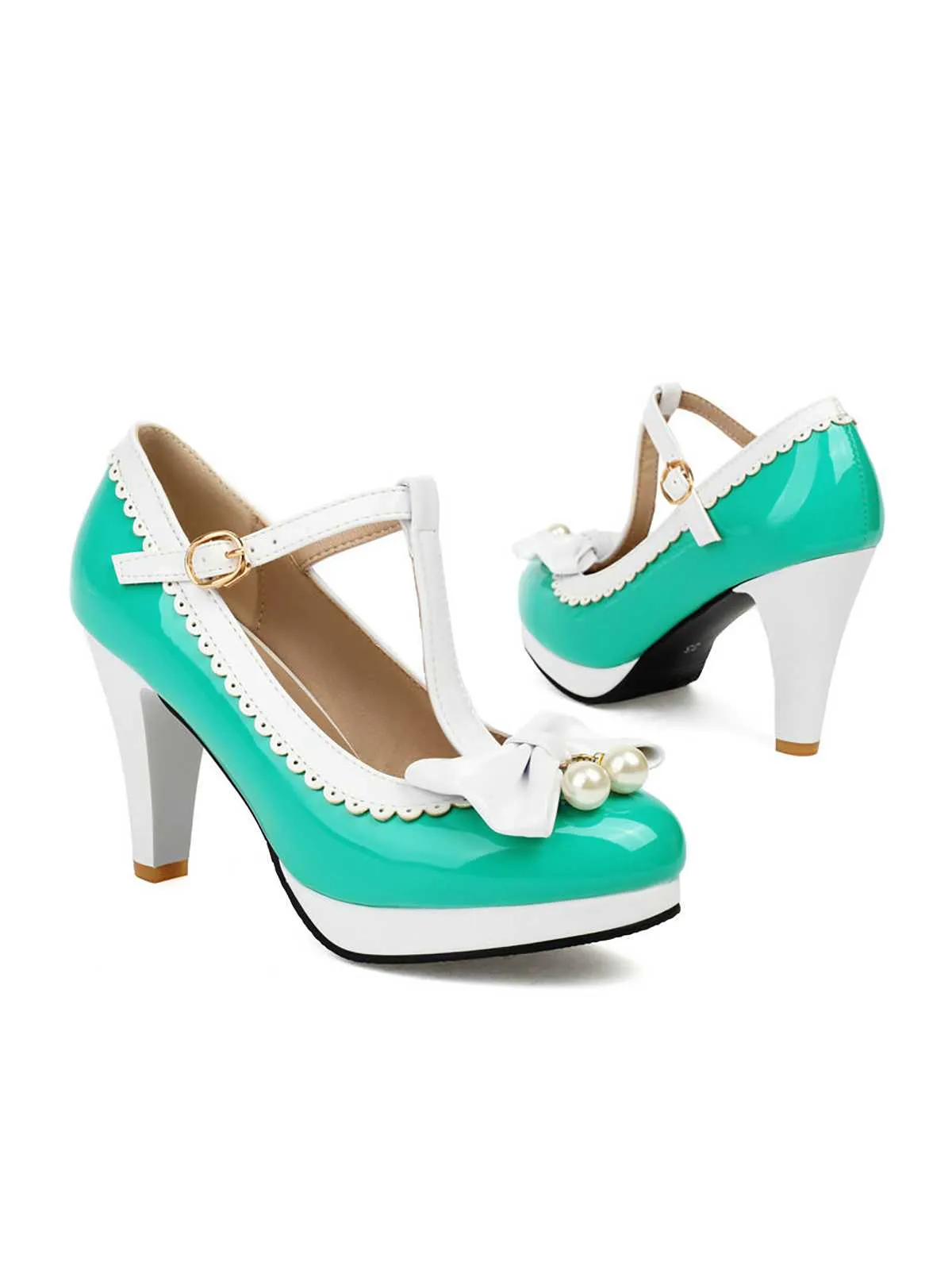 Retro Bow Pearl T-Strap Contrast High Heels Shoes