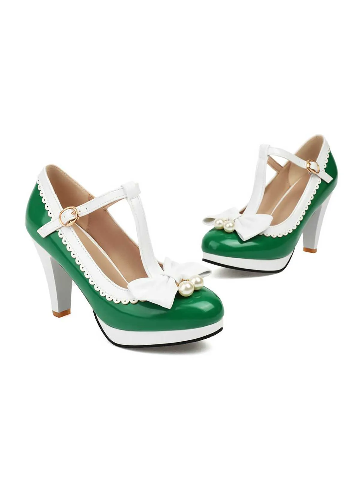 Retro Bow Pearl T-Strap Contrast High Heels Shoes