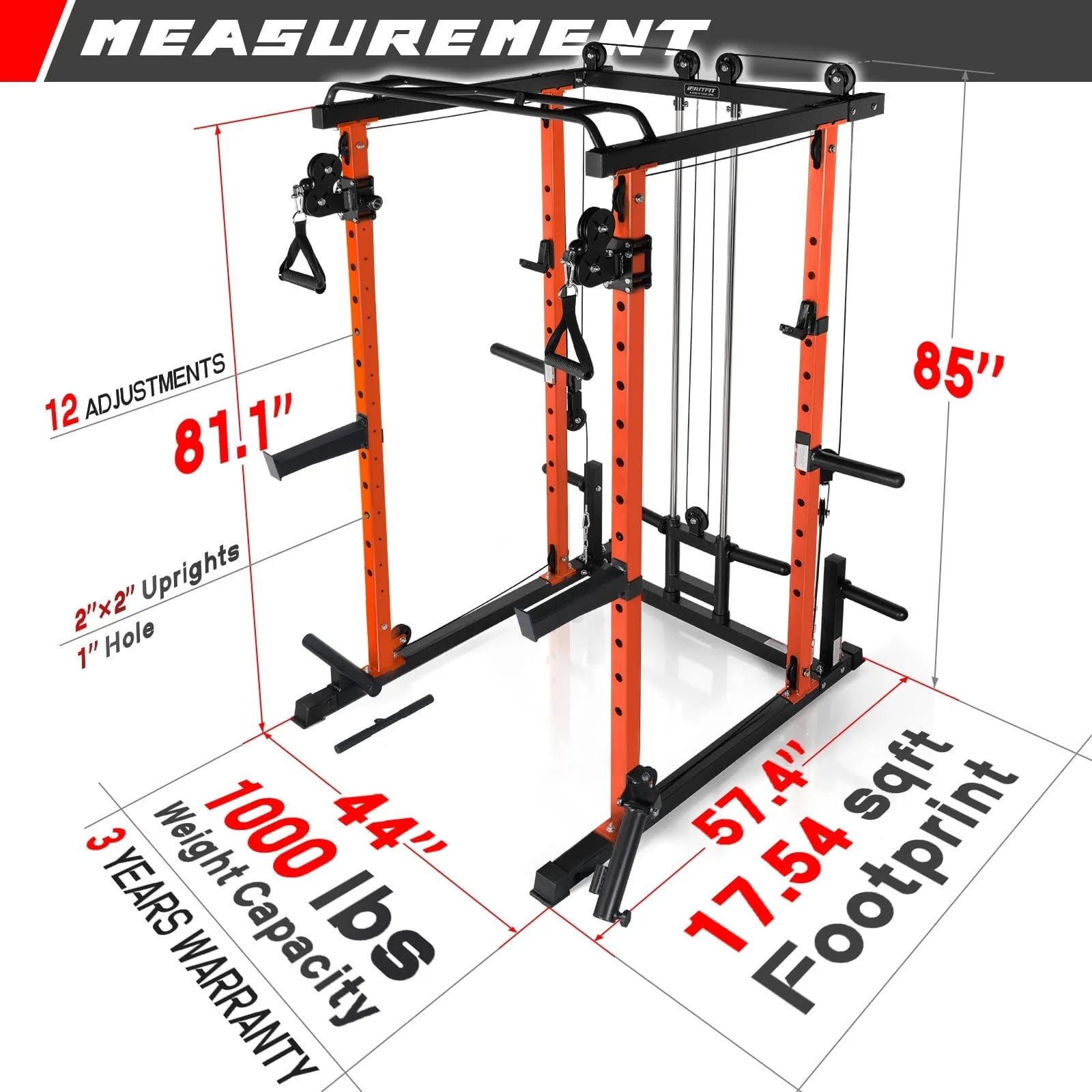 RitFit PPC03 Power Cage Home Gym Package with Adjustable Cable System