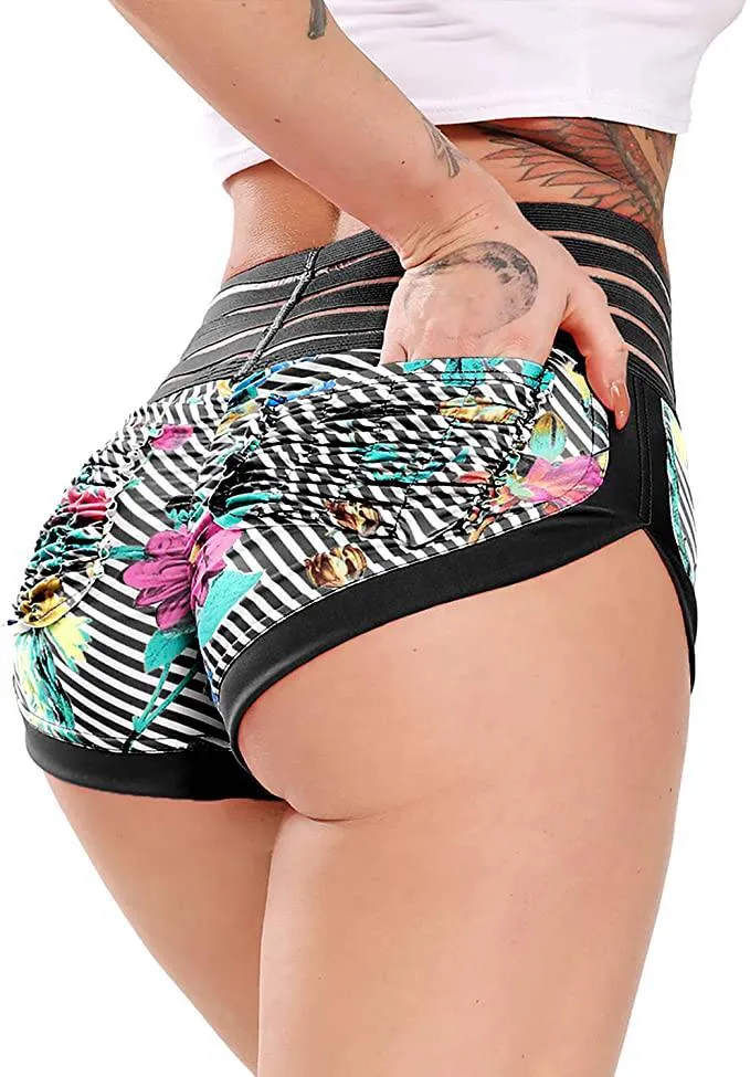 Scrunch Floral Stripe Back Pockets Gym Shorts