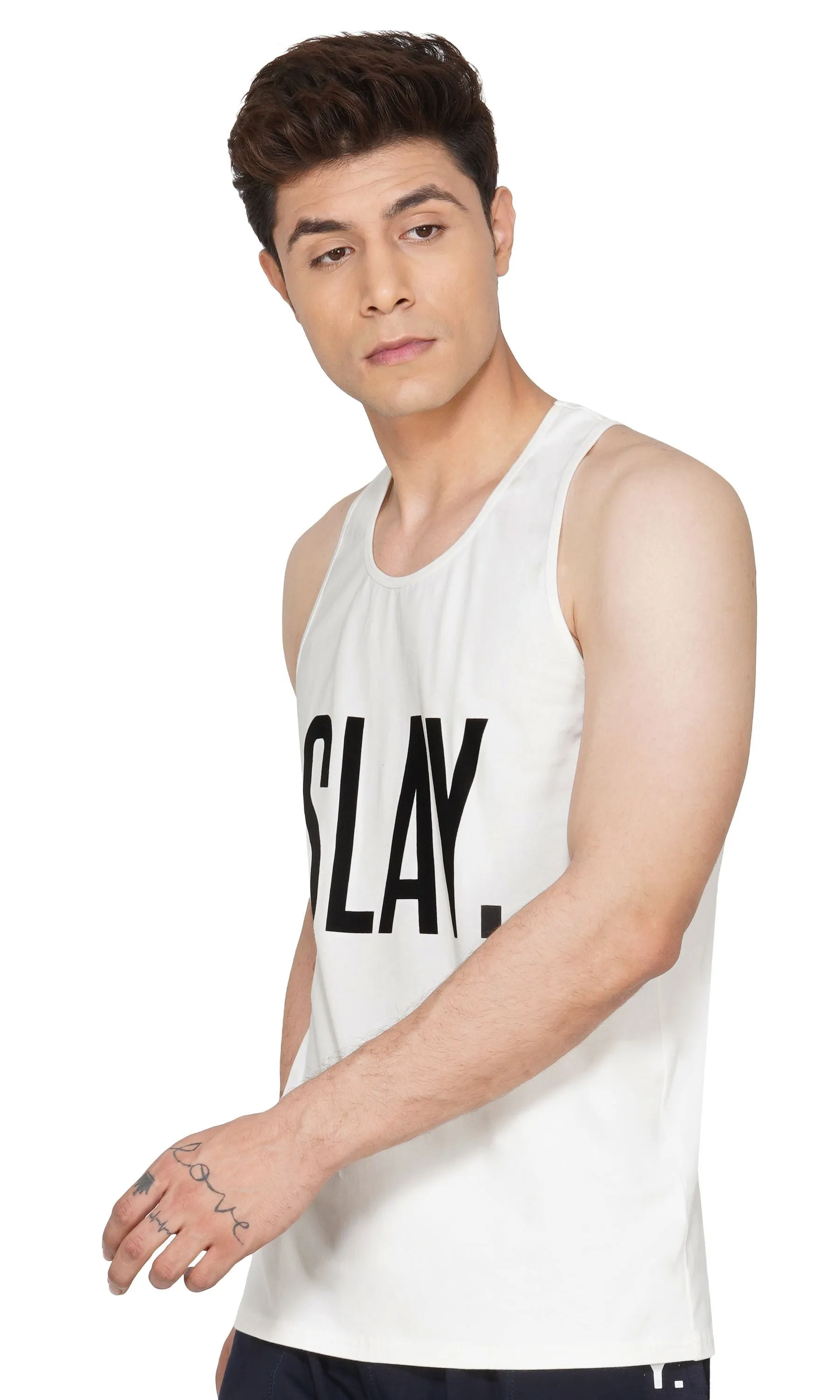 SLAY. Men's White Printed Gym Vest