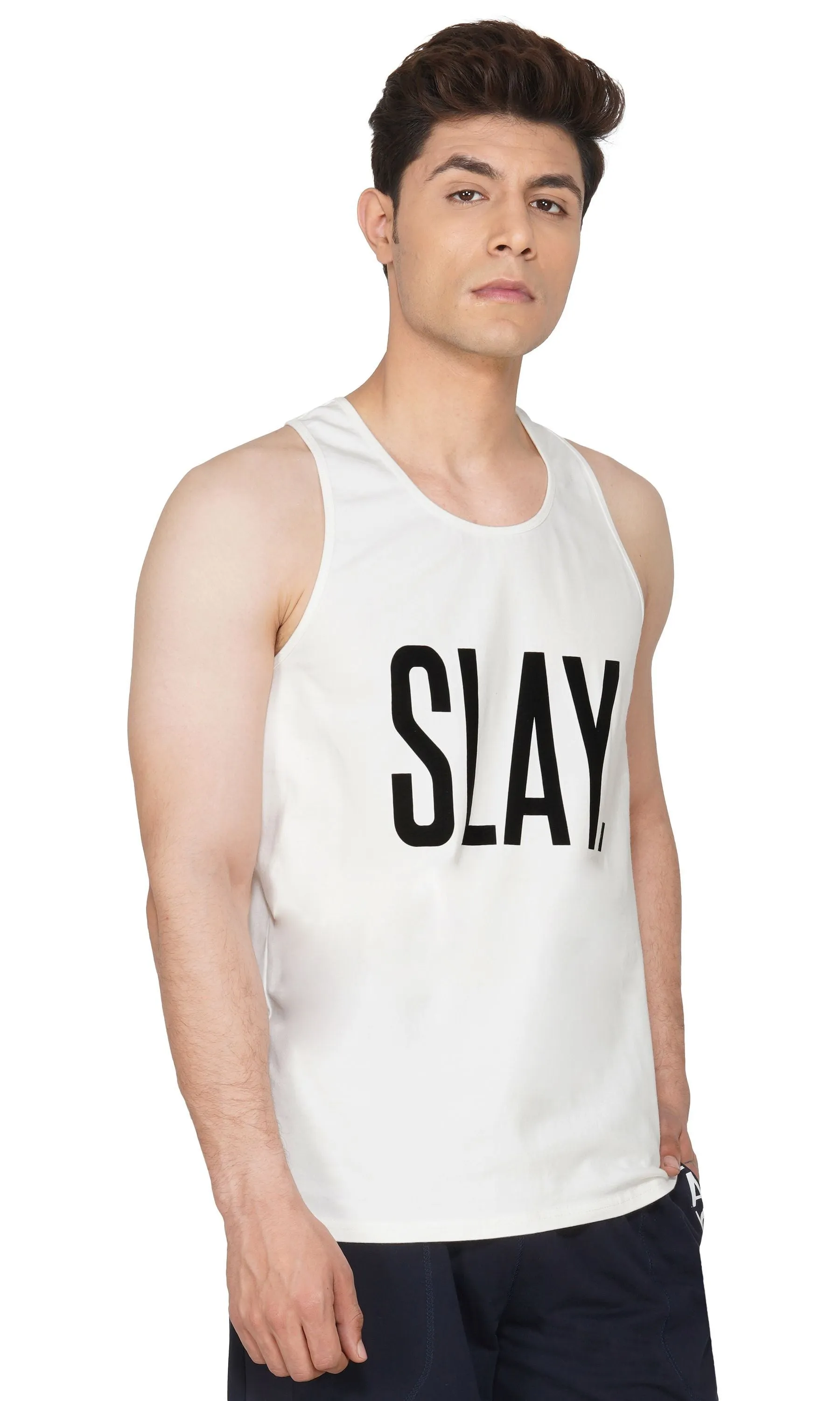 SLAY. Men's White Printed Gym Vest