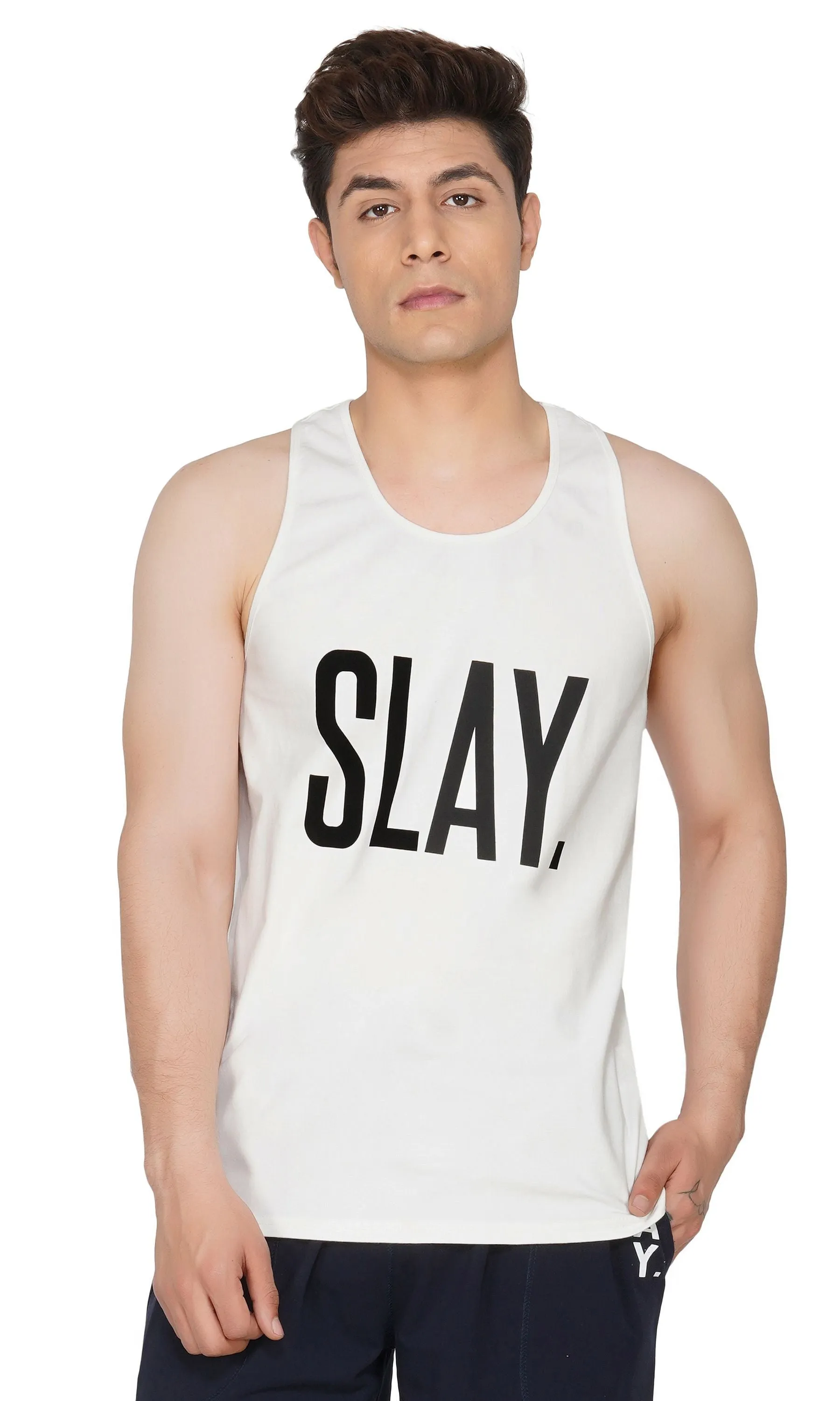 SLAY. Men's White Printed Gym Vest