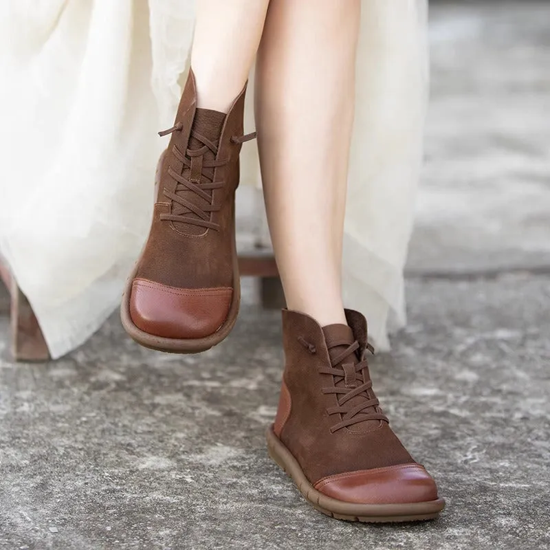 Soft Leather Ankle Booties Handmade Flat Barefoot Shoes Color Blocking in Coffee/Khaki