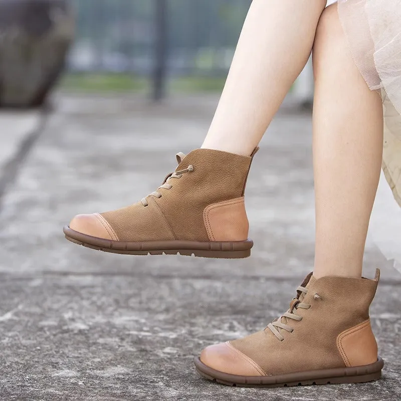 Soft Leather Ankle Booties Handmade Flat Barefoot Shoes Color Blocking in Coffee/Khaki