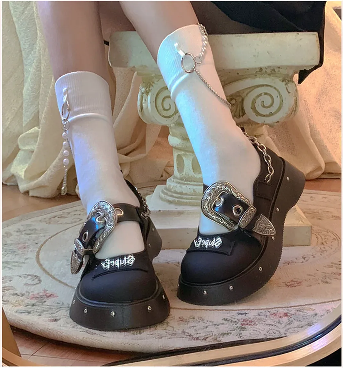 Sohiwoo Japanese Retro College Style Sweet Girls Shoes Kawaii Round Toe Thick Bottom  Shallow  Mouth  Metal  Letter  Badge PU Shoes