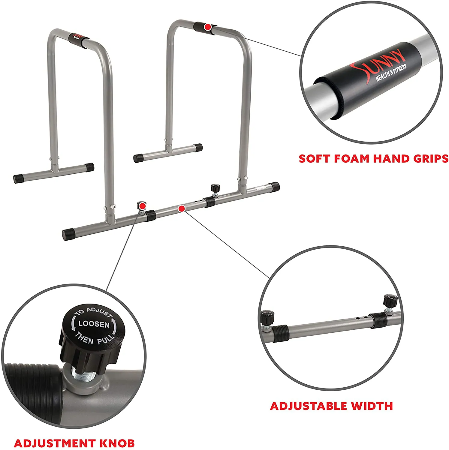 Sunny Health & Fitness SF-BH6507 Dip Station Body Press Parallel Bar with Adjustable Length and Foam Grips