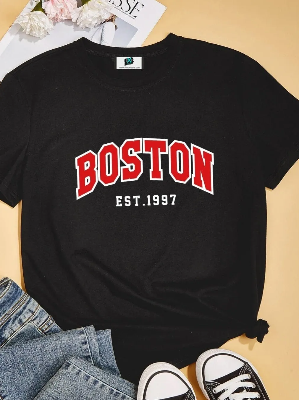 SXV  'BOSTON est.1997’ Printed Cool Aesthetic Oversized T-shirt (ONLY T-SHIRT)