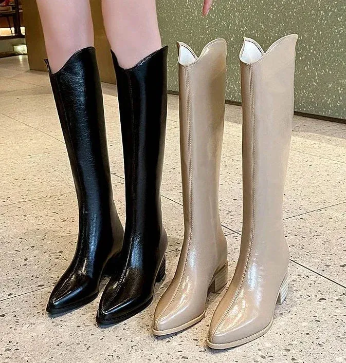 TAVIMART  -  Black Pointed Toe Ladies Knee High Shaft Shoes Waterproof Women's Long Boots Cosplay Fashion Y2k Chic and Elegant New Pu In