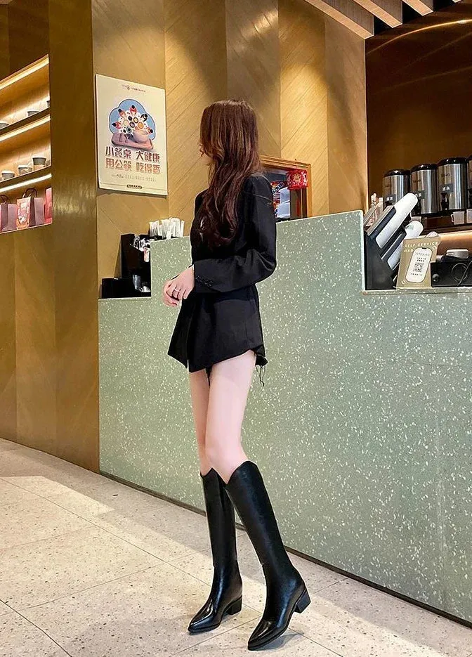 TAVIMART  -  Black Pointed Toe Ladies Knee High Shaft Shoes Waterproof Women's Long Boots Cosplay Fashion Y2k Chic and Elegant New Pu In