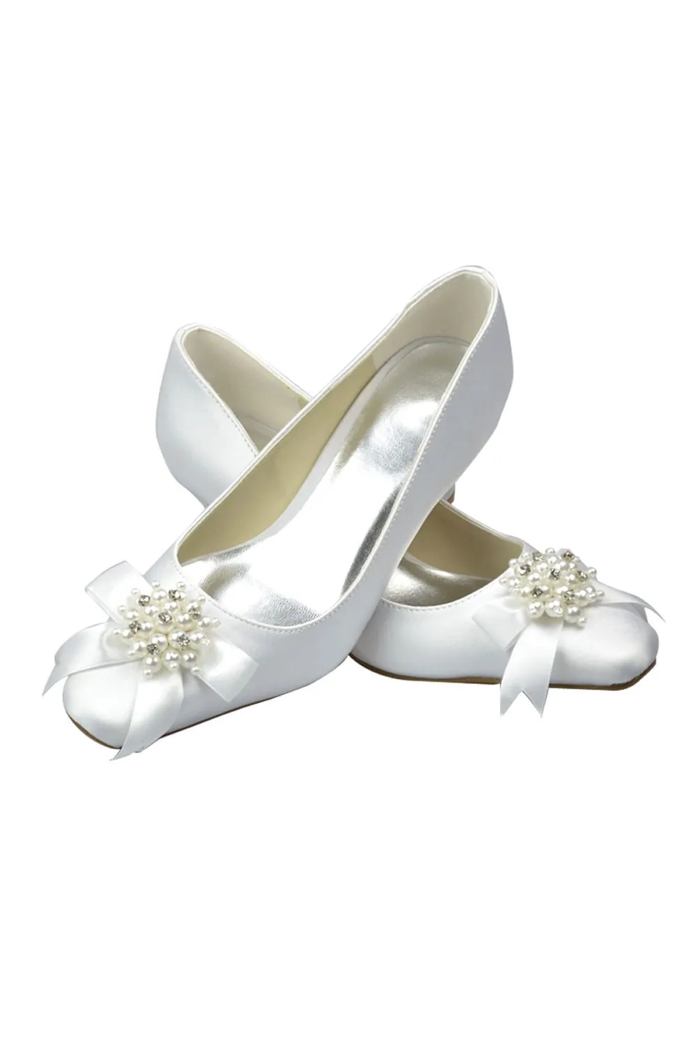 White Low Heel Wedding Shoes With Flowers And Beads S32