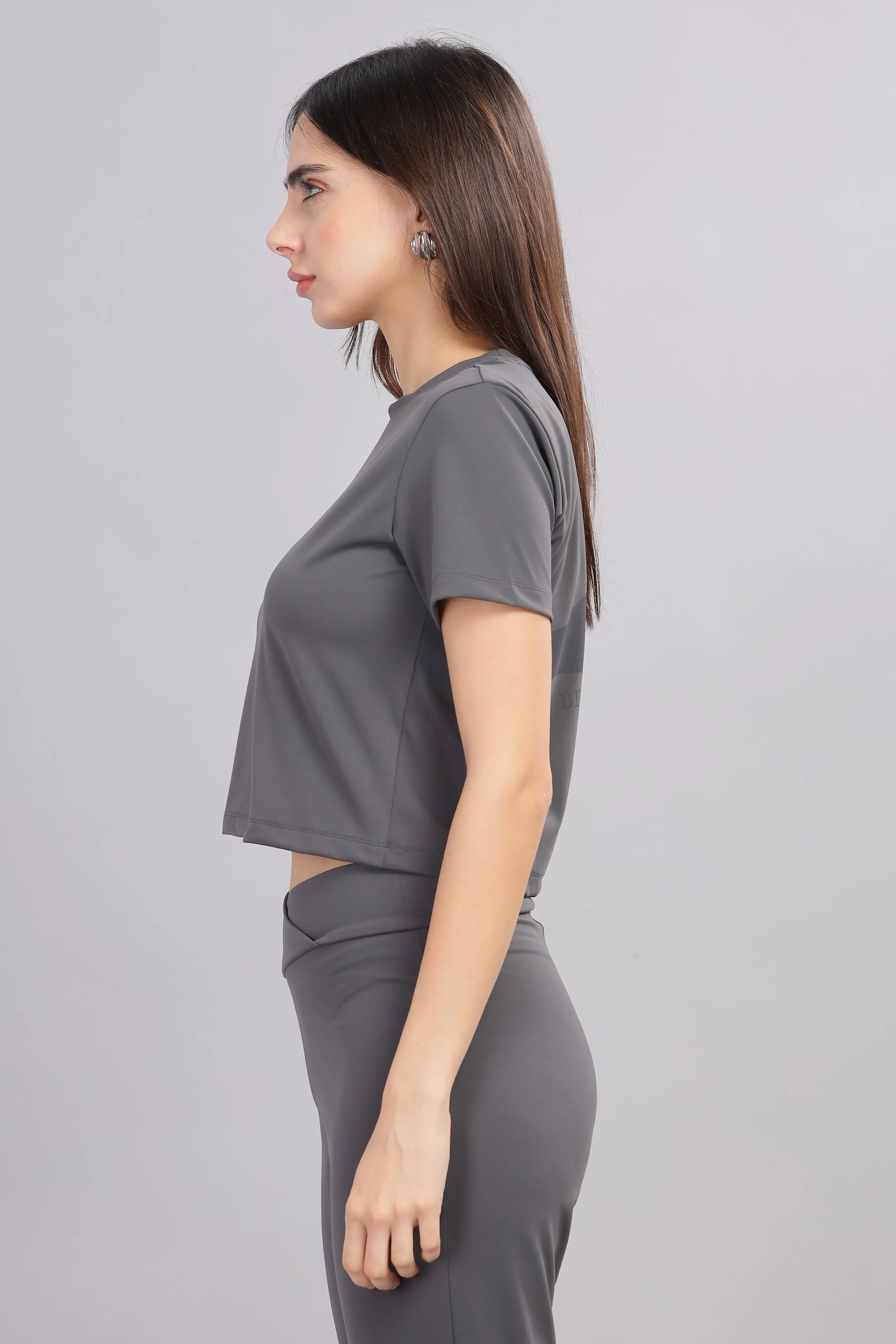 Women’s super stretchy ultra soft sweat wicking Nylon crop top and Jogger Set (DARK GREY)