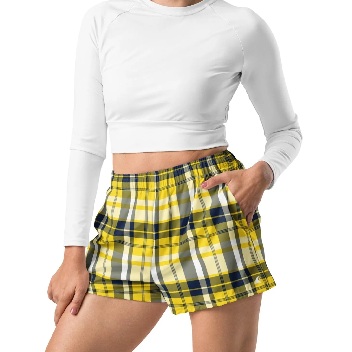 Yellow and Navy Blue Preppy Plaid Women's Athletic Swim Shorts