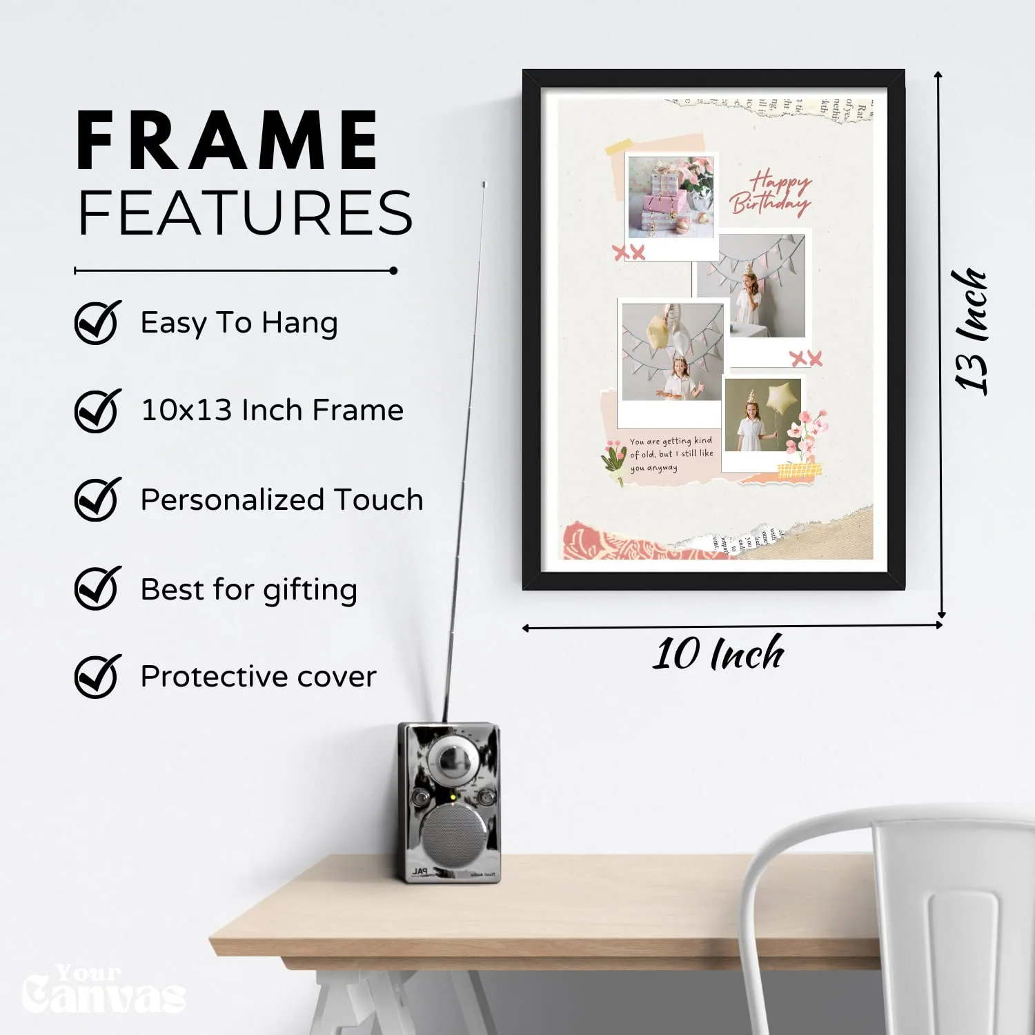 YourCanvas - Personalized Gift Photo Printed Photo Frame with Custom Text, Photo, Date of Your Choice, Aesthetic Design For Birthday Gift - (Black Framed 10×13 inches, 4 Photos   Short Paragraph)